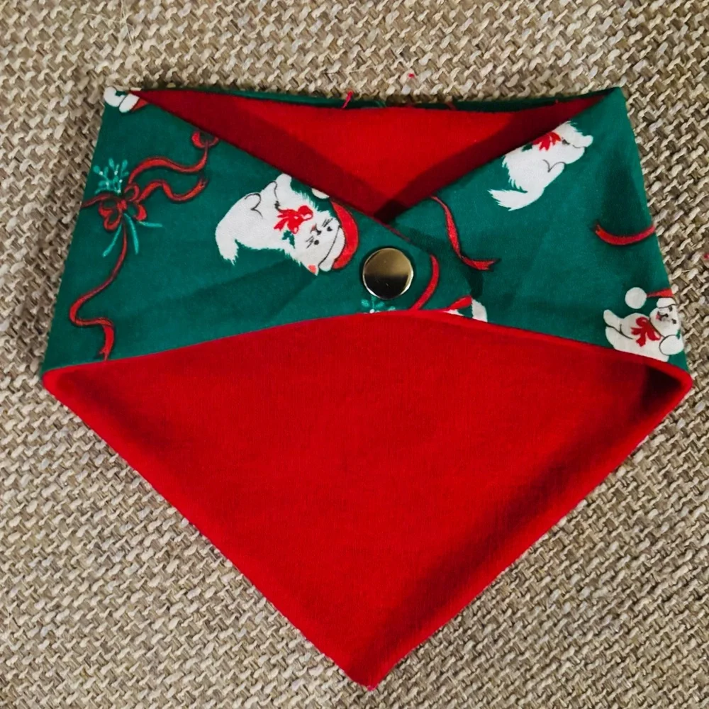 Christmas Cat Bandana Scarf is Reversable Sizes Small Handmade One of a Kind